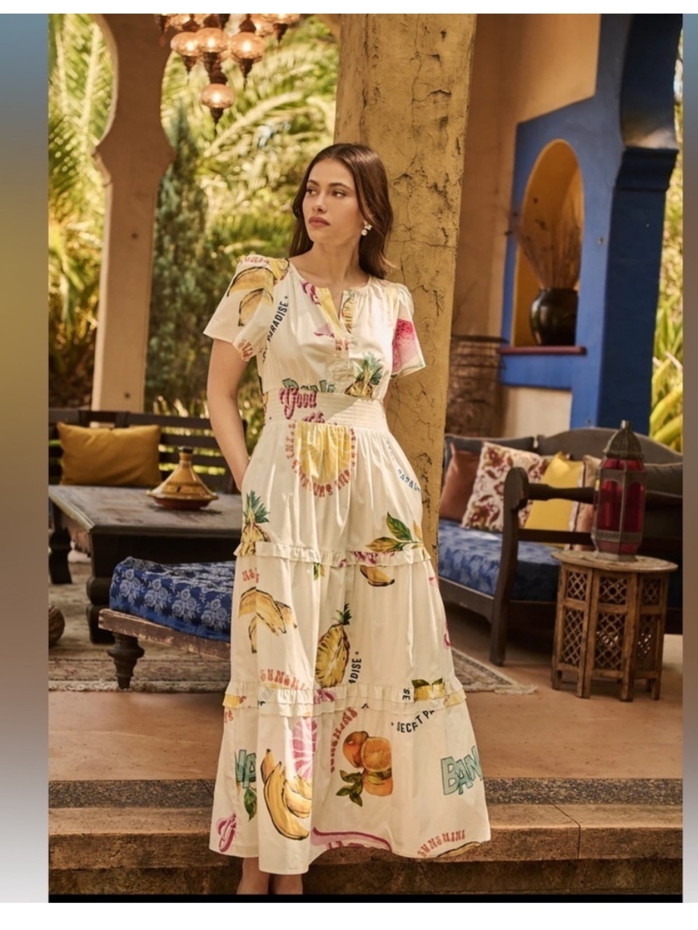 NWT Sugarlips Zahra Island Palmer Poplin Tiered Maxi Dress Ivory Multi Small